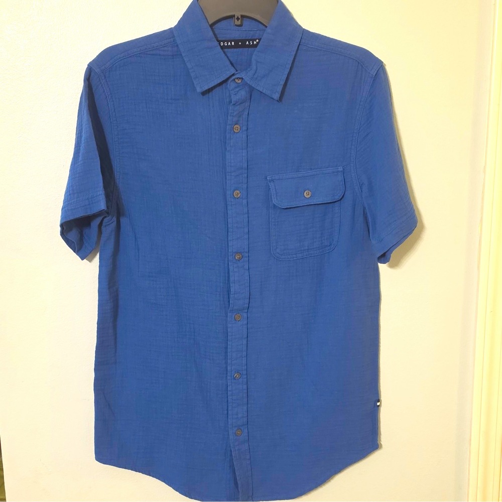 Edgar + Ash Men's Solid Woven Cotton Short Sleeve Button-Up Pockets S Blue #160